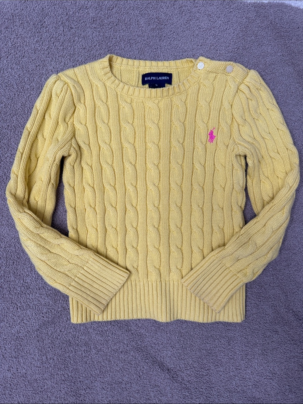Ralph Lauren Girl’s Yellow Cable-Knit Crew Sweater with Pink Pony